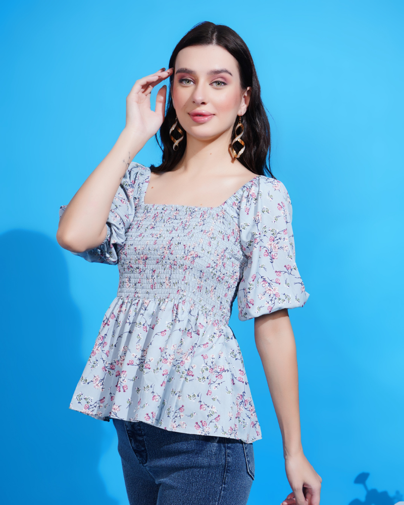 Floral glow smocked grey peplum top – Boholyfe - Main Image