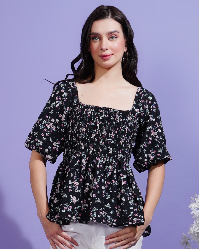 Black blossom smocked peplum stunner top1