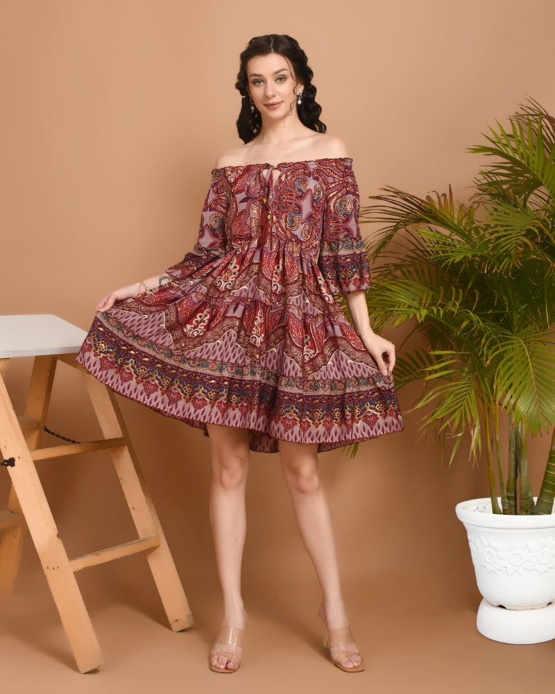 off shoulder short dress for women Carmine paisley off-shoulder short dress – Boholyfe