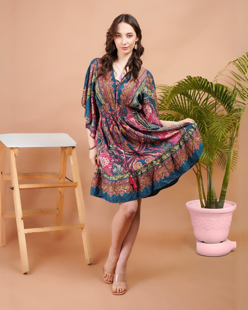 Ethereal glow paisley print boho knot short dress – Boholyfe