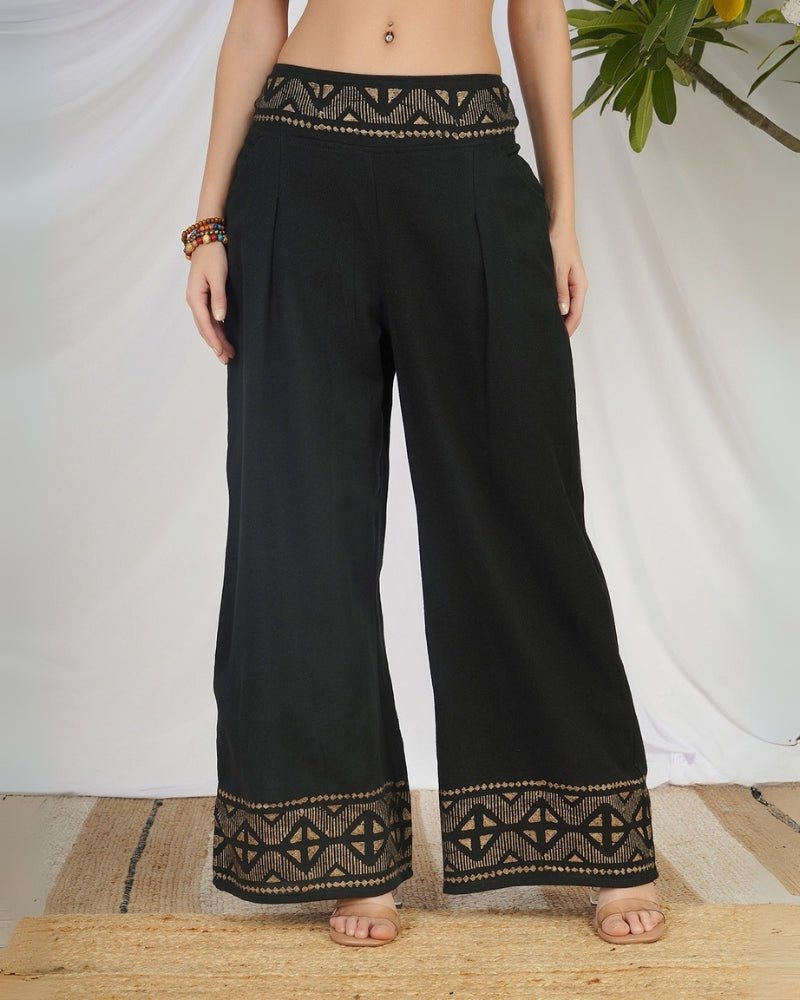 Midnight bloom wide leg cotton trousers