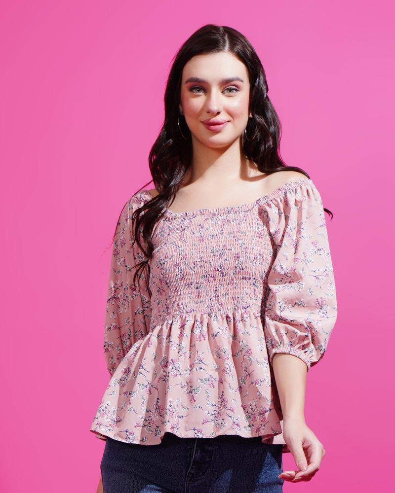 Floral bliss smocked pink peplum top