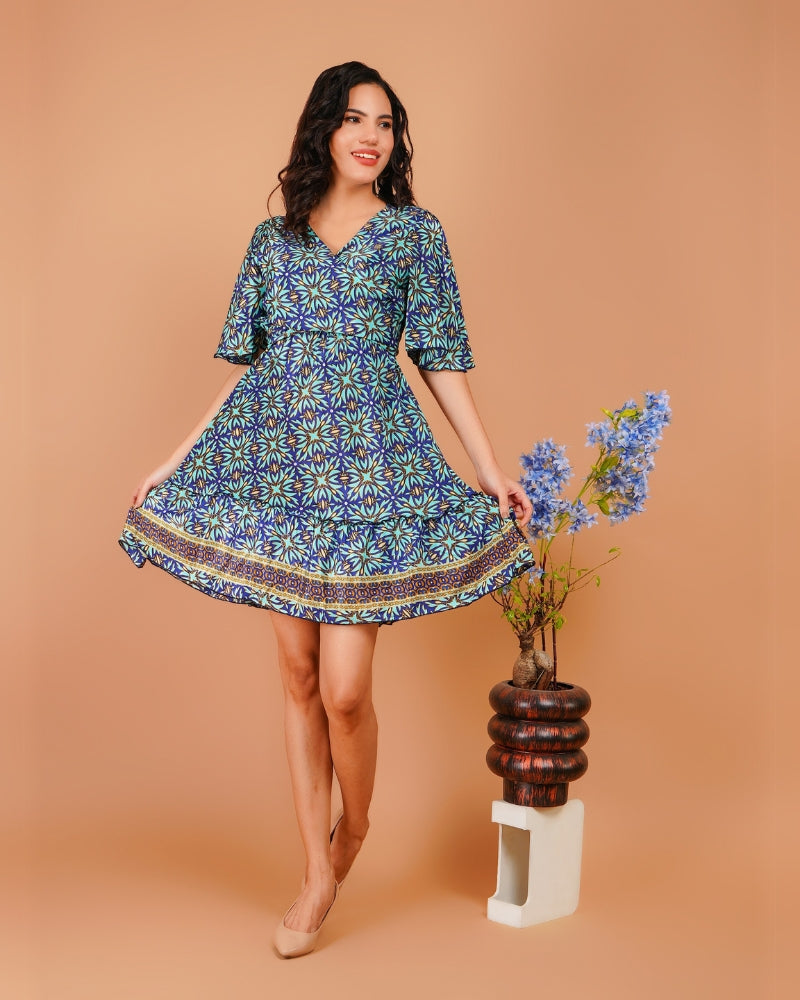 Tropical leaves navy wrap short dress