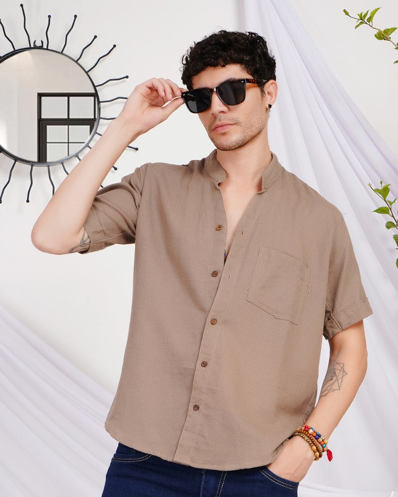 Keaton sandstone drift mandarin cotton shirt