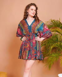 Liora teal bloom kimono mini dress