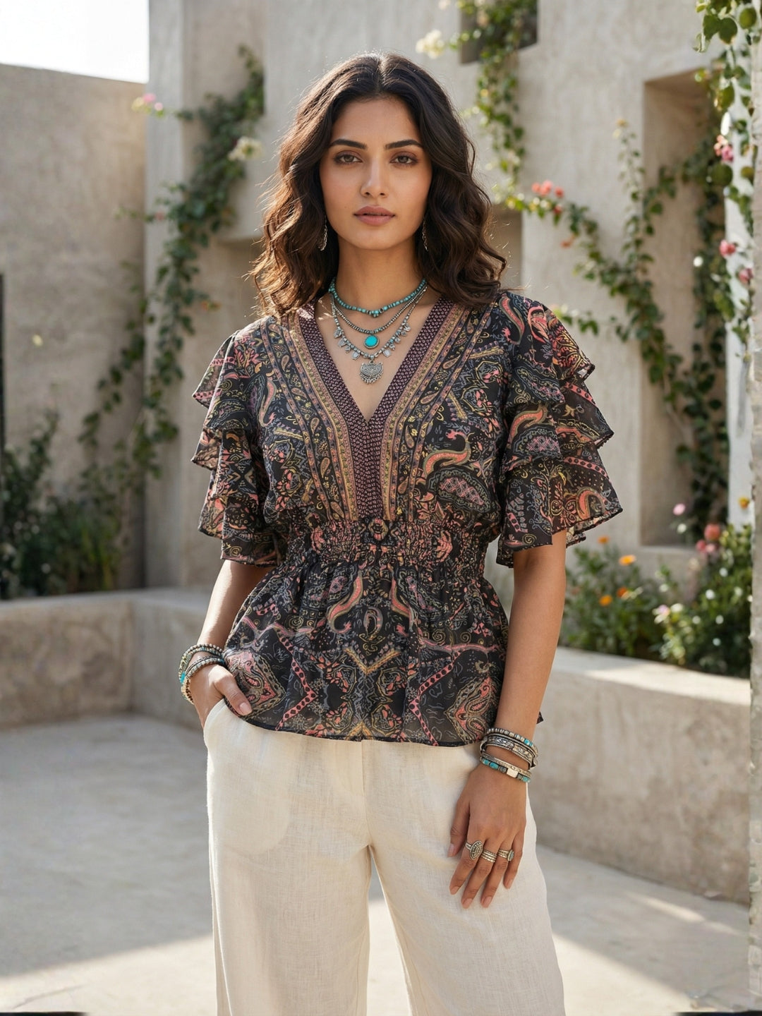 Maelira twilight vine boho peplum top