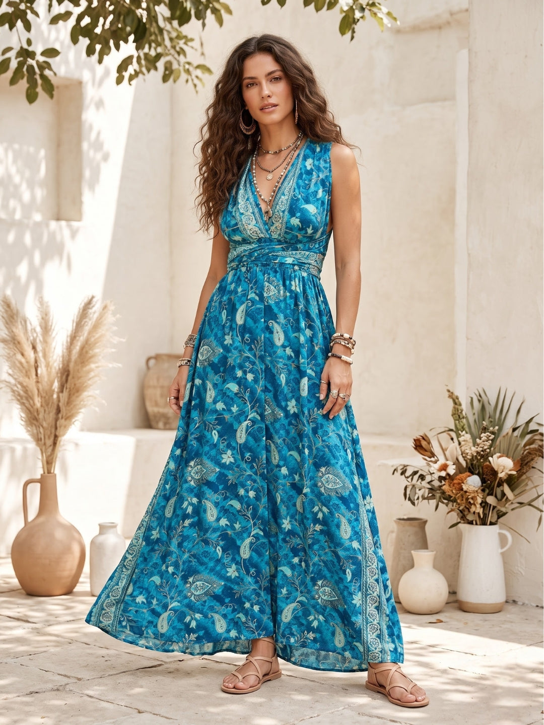 Aqua rhapsody bohemian halter maxi dress