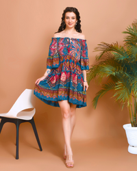 Mira teal breeze off-shoulder mini dress