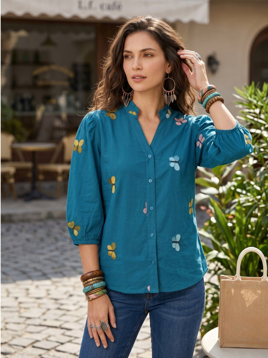 Aegean teal embroidered boho shirt