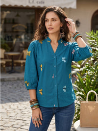 Aegean teal embroidered boho shirt