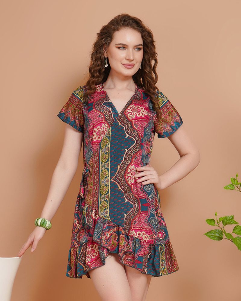 Amara teal garden mini angrakha dress