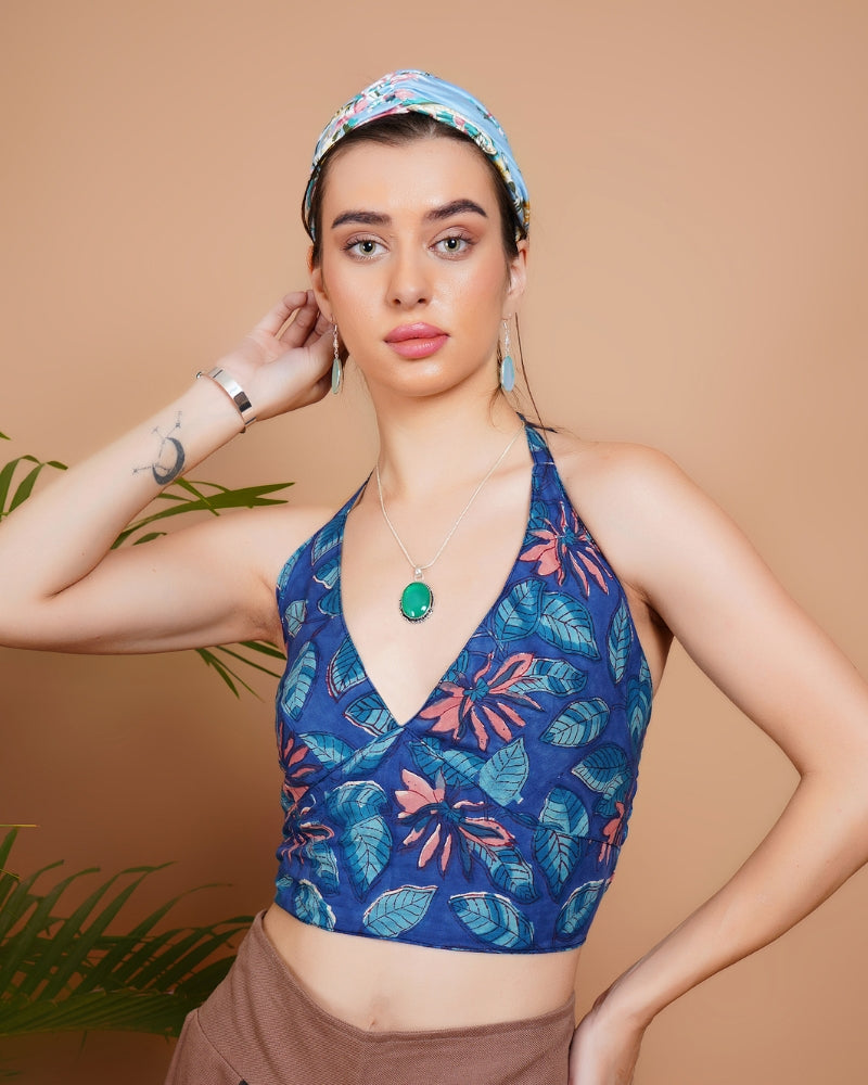 Blue breeze cotton bohemian crop top with halter neck