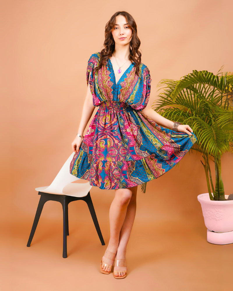 Radiant glow paisley print boho mini dress