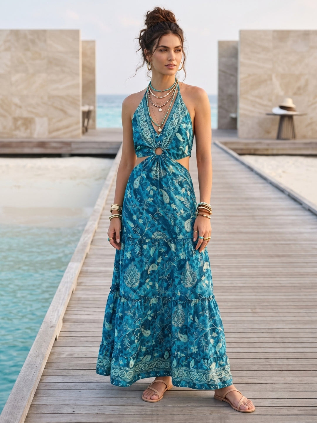 Caribbean blue halter maxi dress
