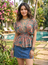 Aurelle coral meadow boho peplum top