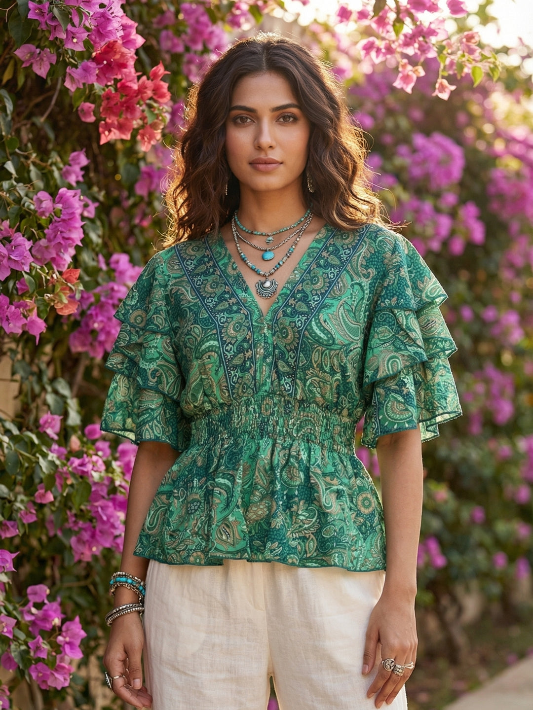 Elaris emerald paisley peplum top