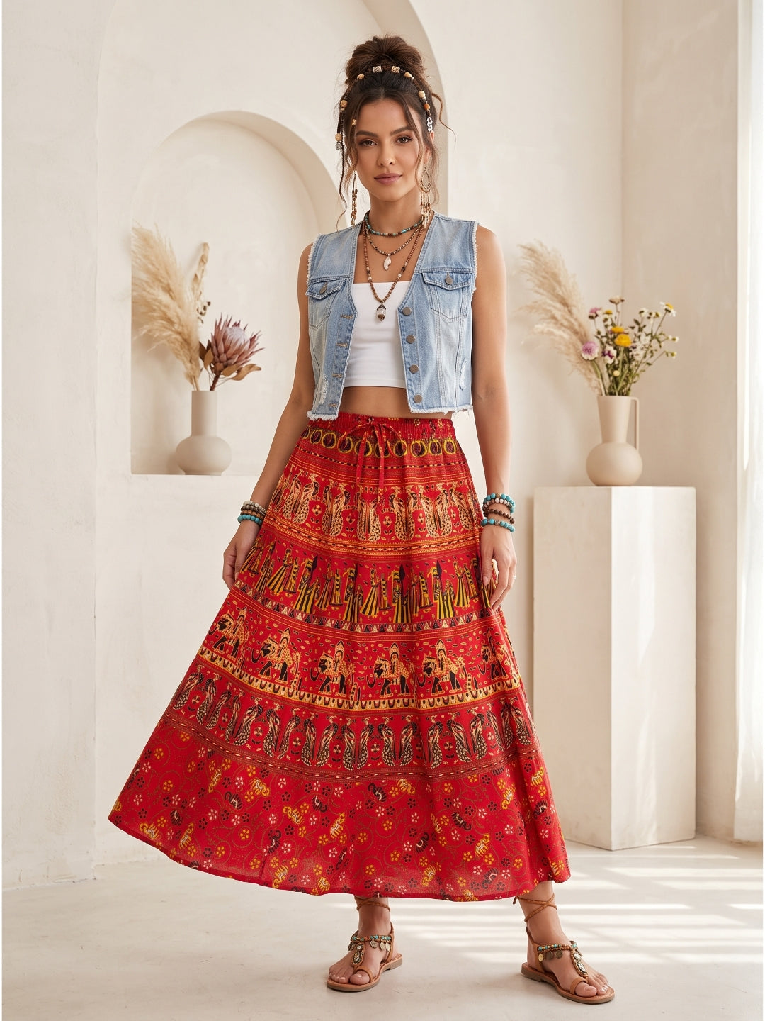 Crimson flame boho maxi skirt