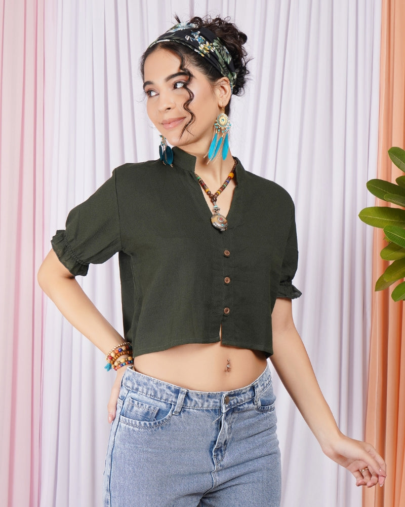 Maribel moss-green button down top