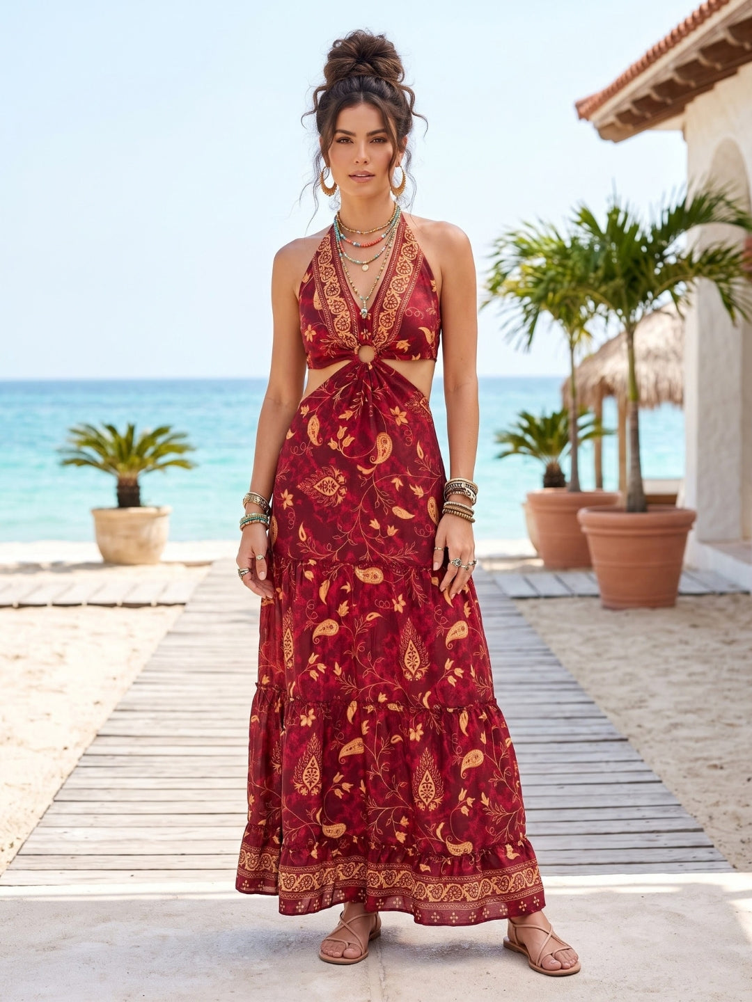 Sangria sunset halter boho maxi dress