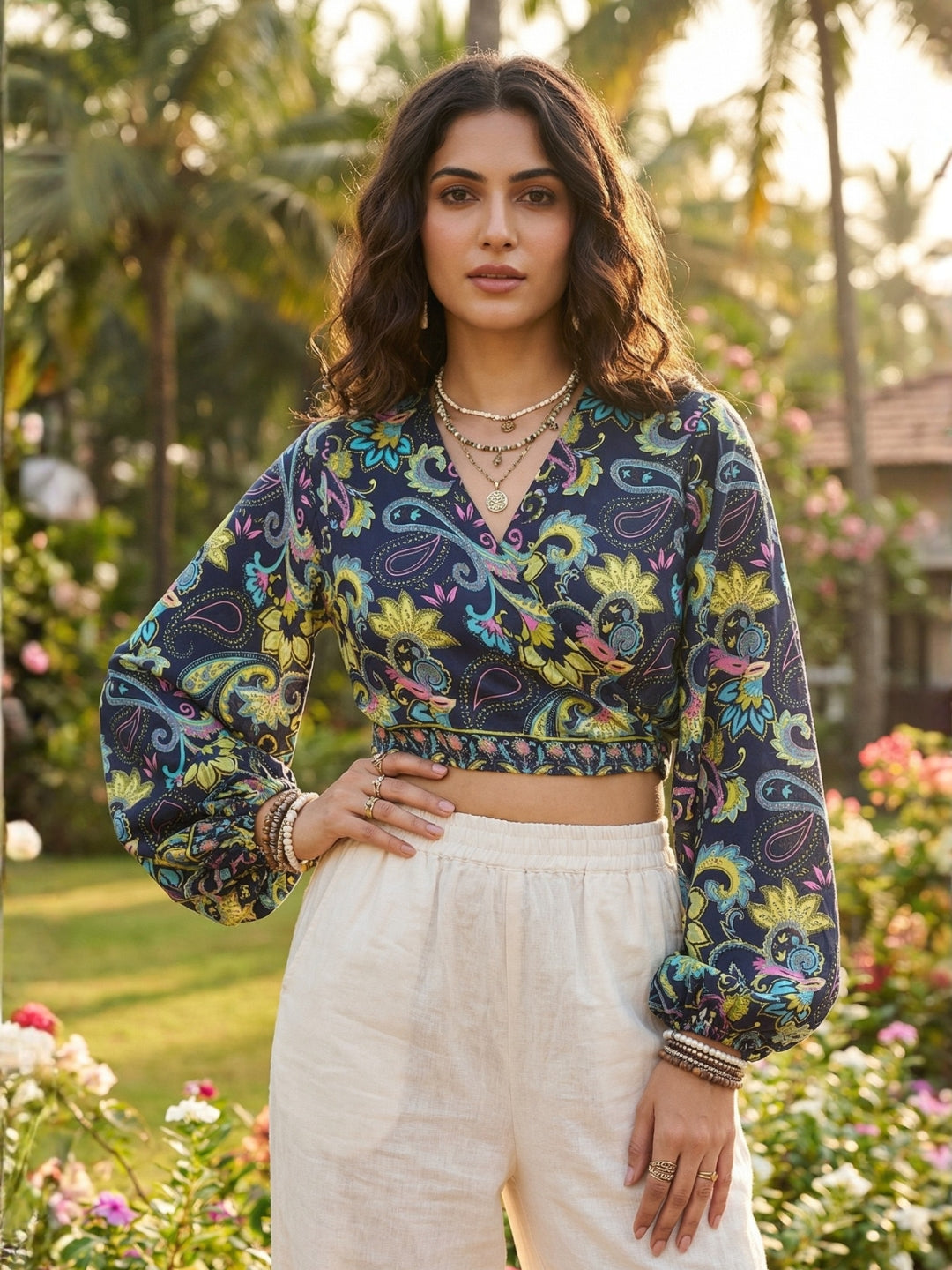 Maribel indigo petal boho wrap top