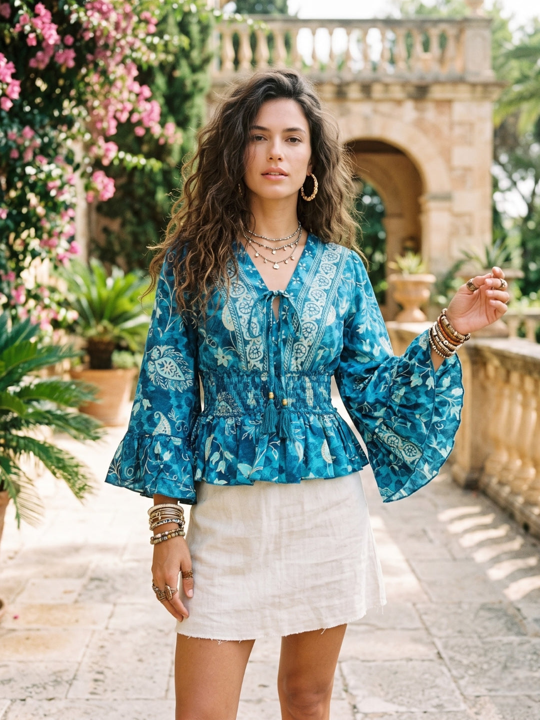 Blue lagoon bell sleeve boho top