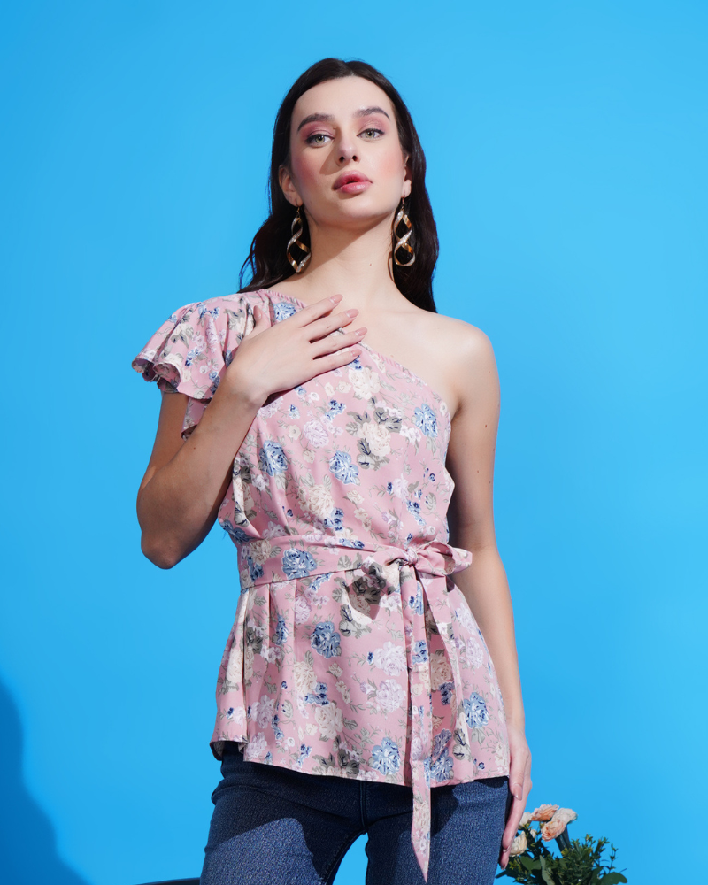 Pink flora one-shoulder beauty top