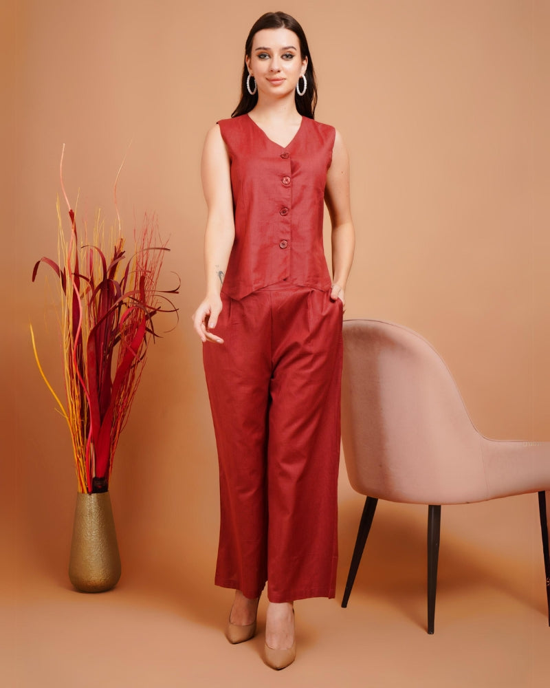 Rustic maroon cotton waistcoat co-ord set