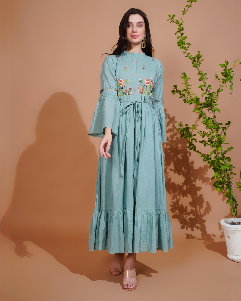 Green floral grace hand embroidered maxi