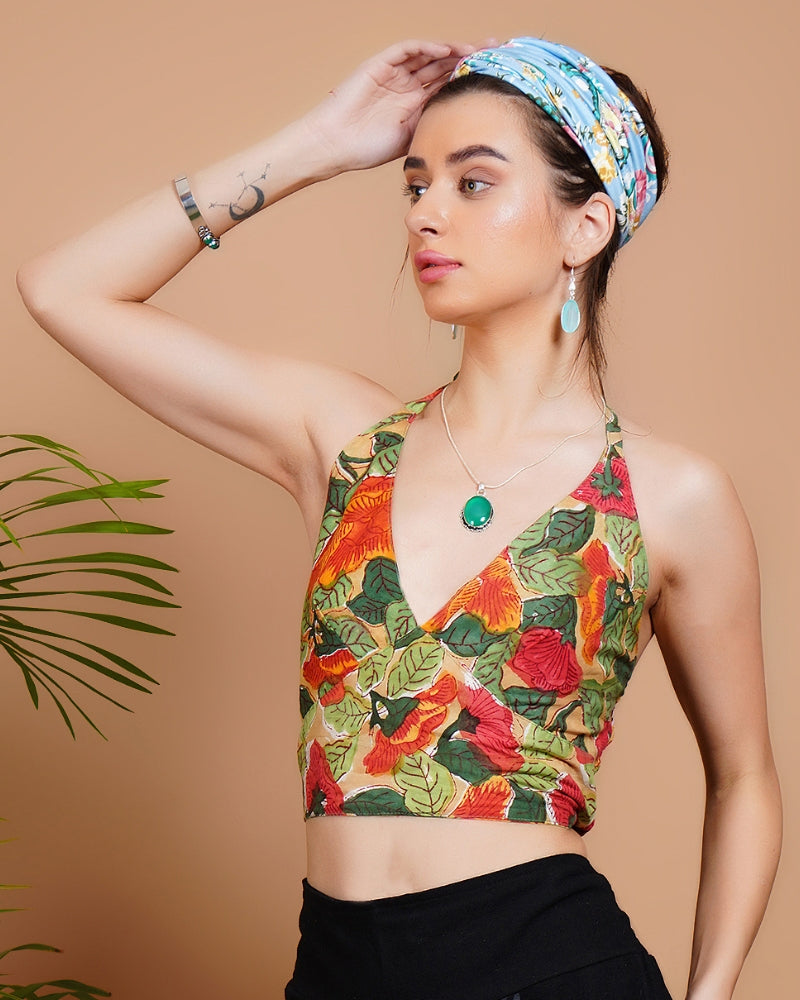 Crimson flora cotton bohemian crop top with halter neck