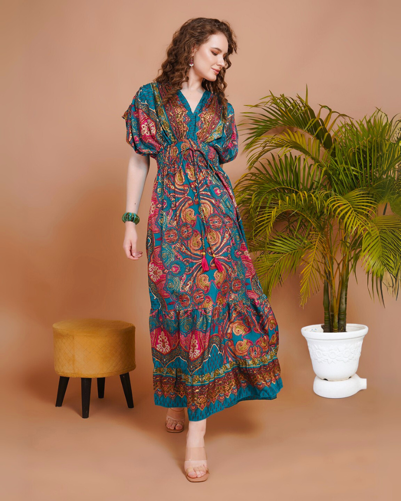 Maira peacock bloom maxi dress