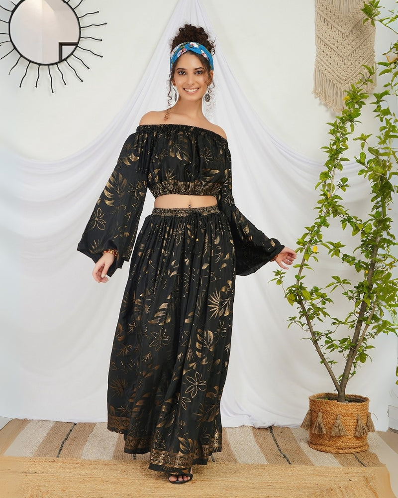 Amarielle black-gold boho skirt co-ord set