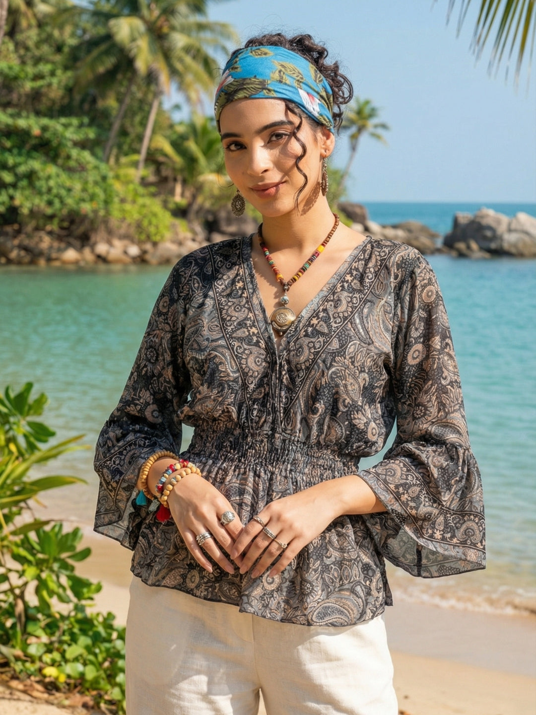 Moonlit paisley boho peplum top