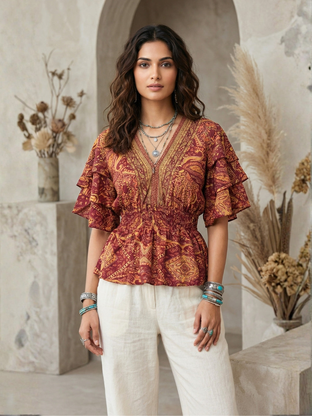 Marzella amber paisley boho peplum top