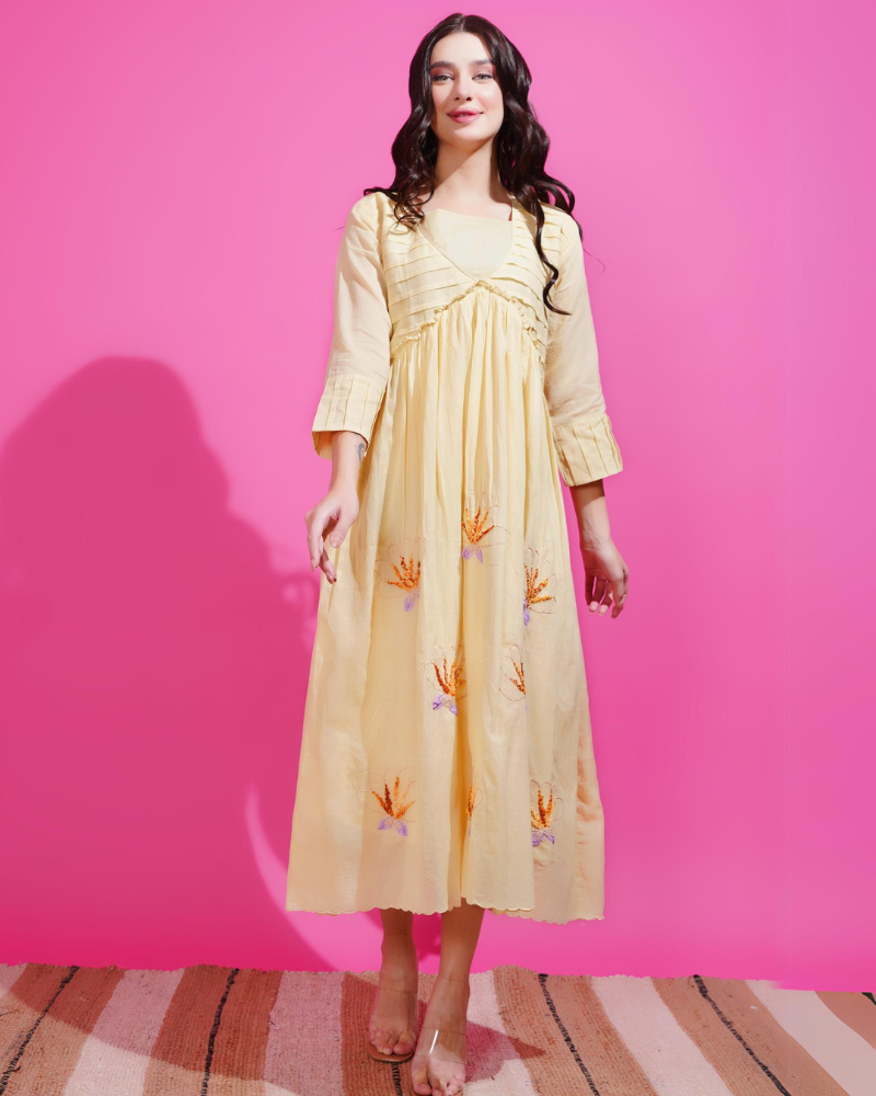 Sunlit elegance hand-embroidered midi dress