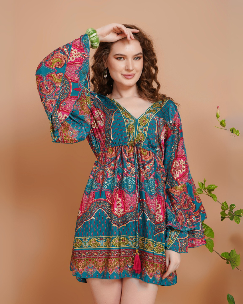 Wanderblush short dress with bell sleeves