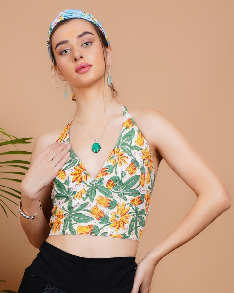 Sunlit blooms cotton halter neck crop top