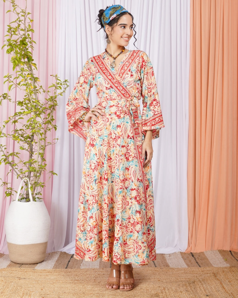 Elysia coral bloom wrap maxi dress