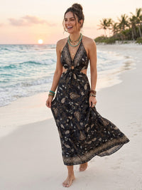 Shadow bloom halter boho maxi dress