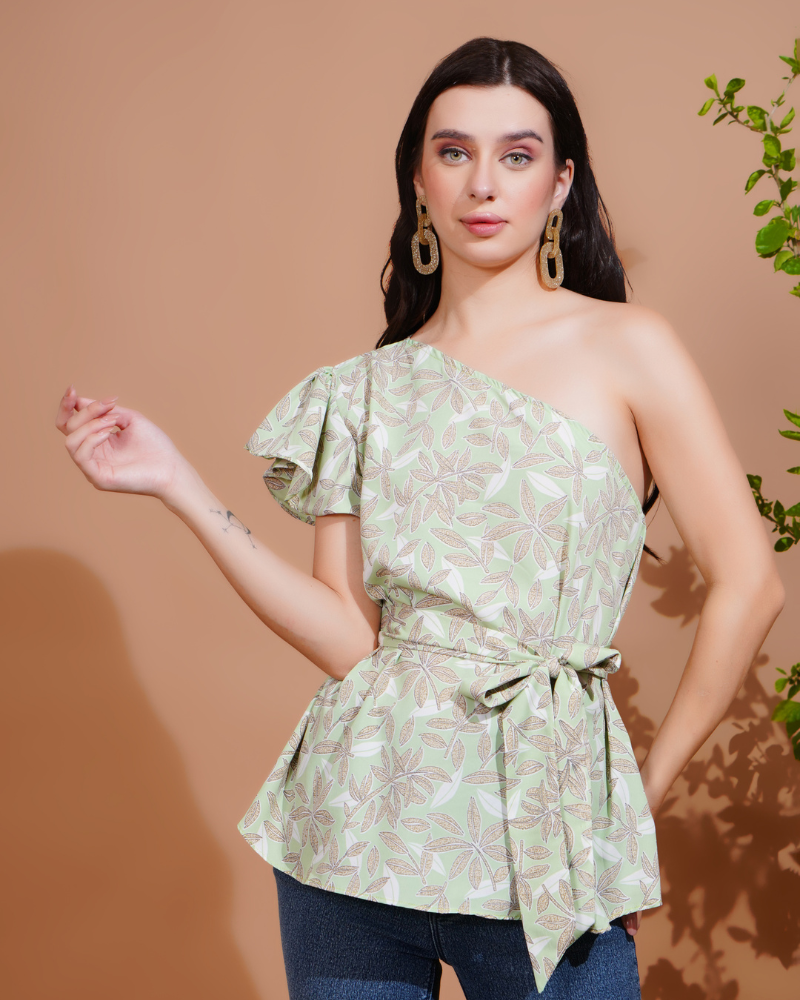 Green flora one-shoulder elegance top