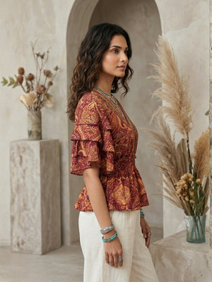 Marzella amber paisley boho peplum top