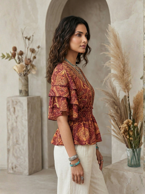 Marzella amber paisley boho peplum top