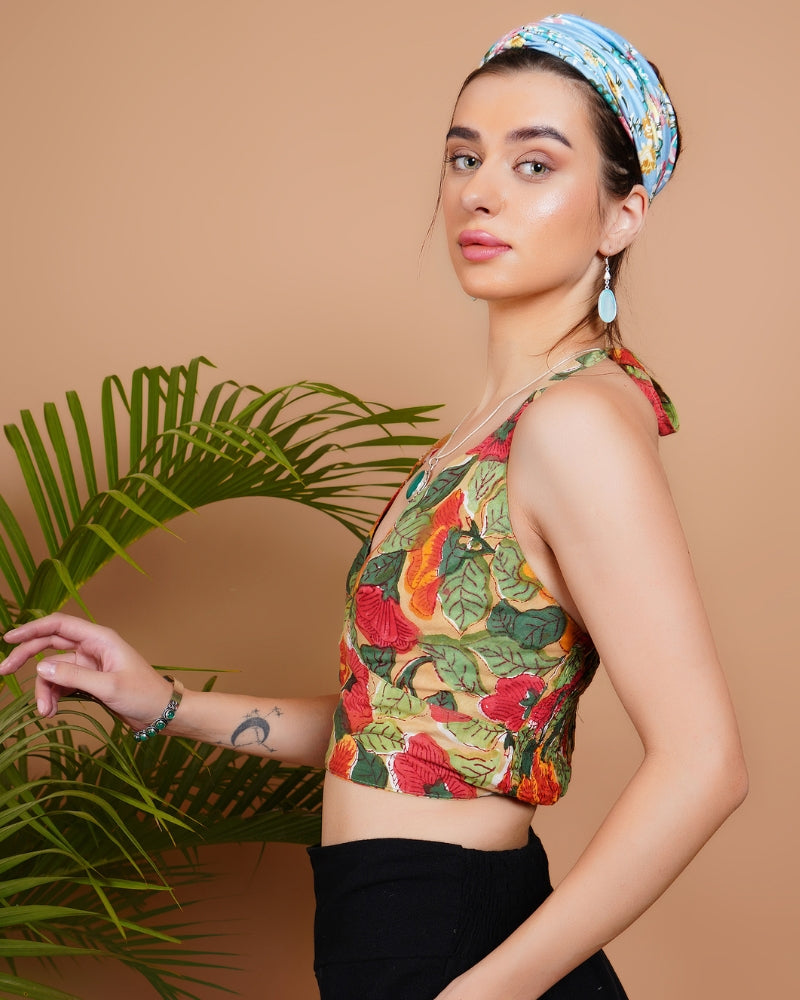 Crimson flora cotton bohemian crop top with halter neck