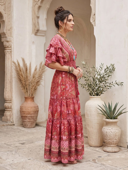 Raspberry rose tiered maxi dress