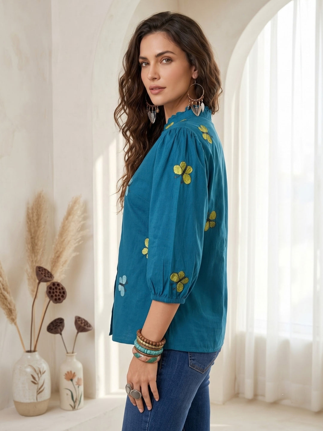 Aegean teal embroidered boho shirt
