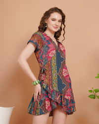 Amara teal garden mini angrakha dress