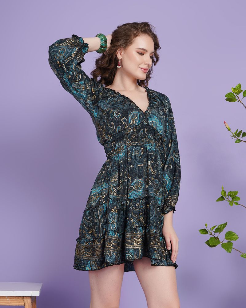 Inara celestial teal boho mini dress