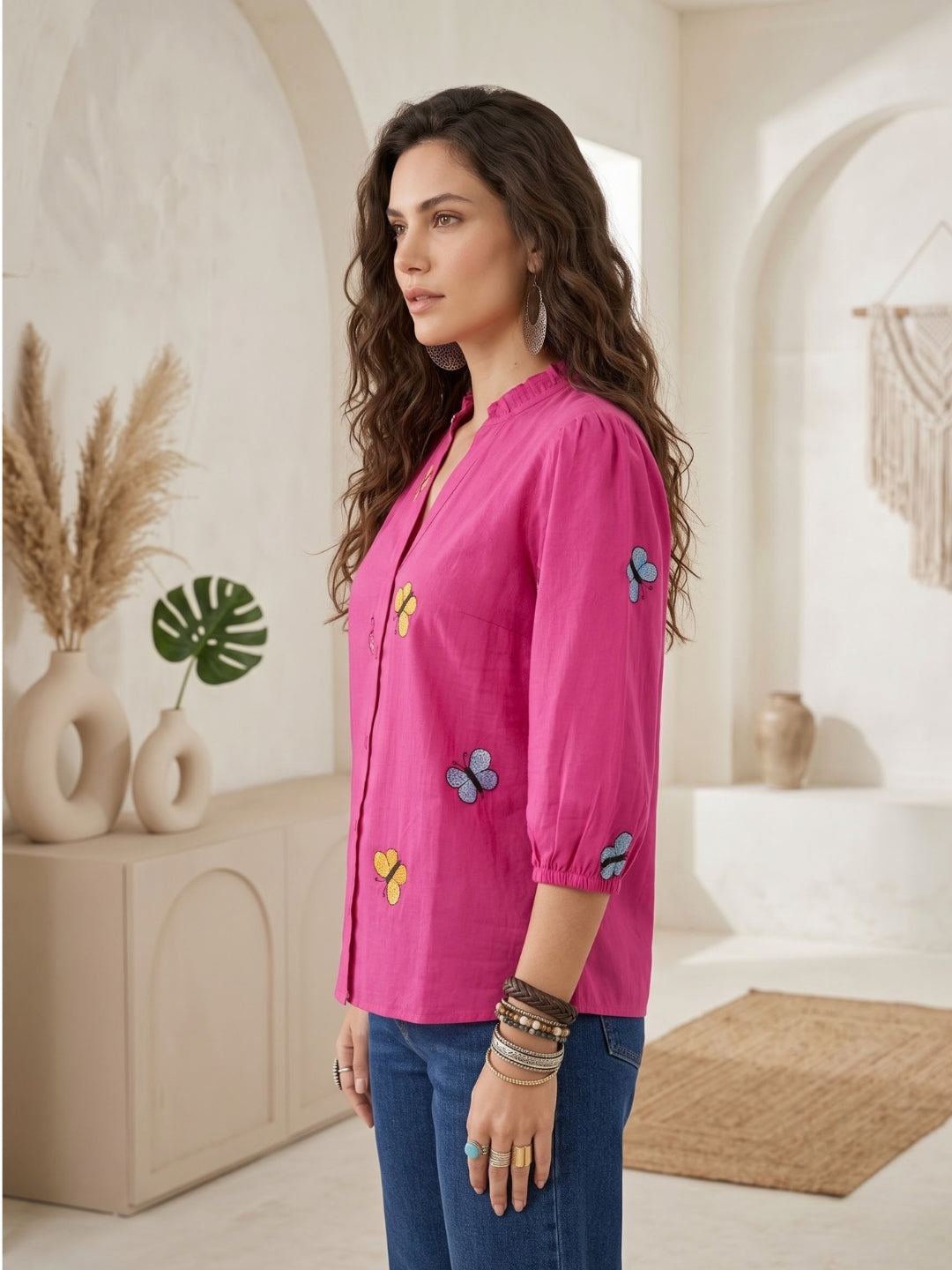 Zinnia bougainvillea embroidered boho shirt