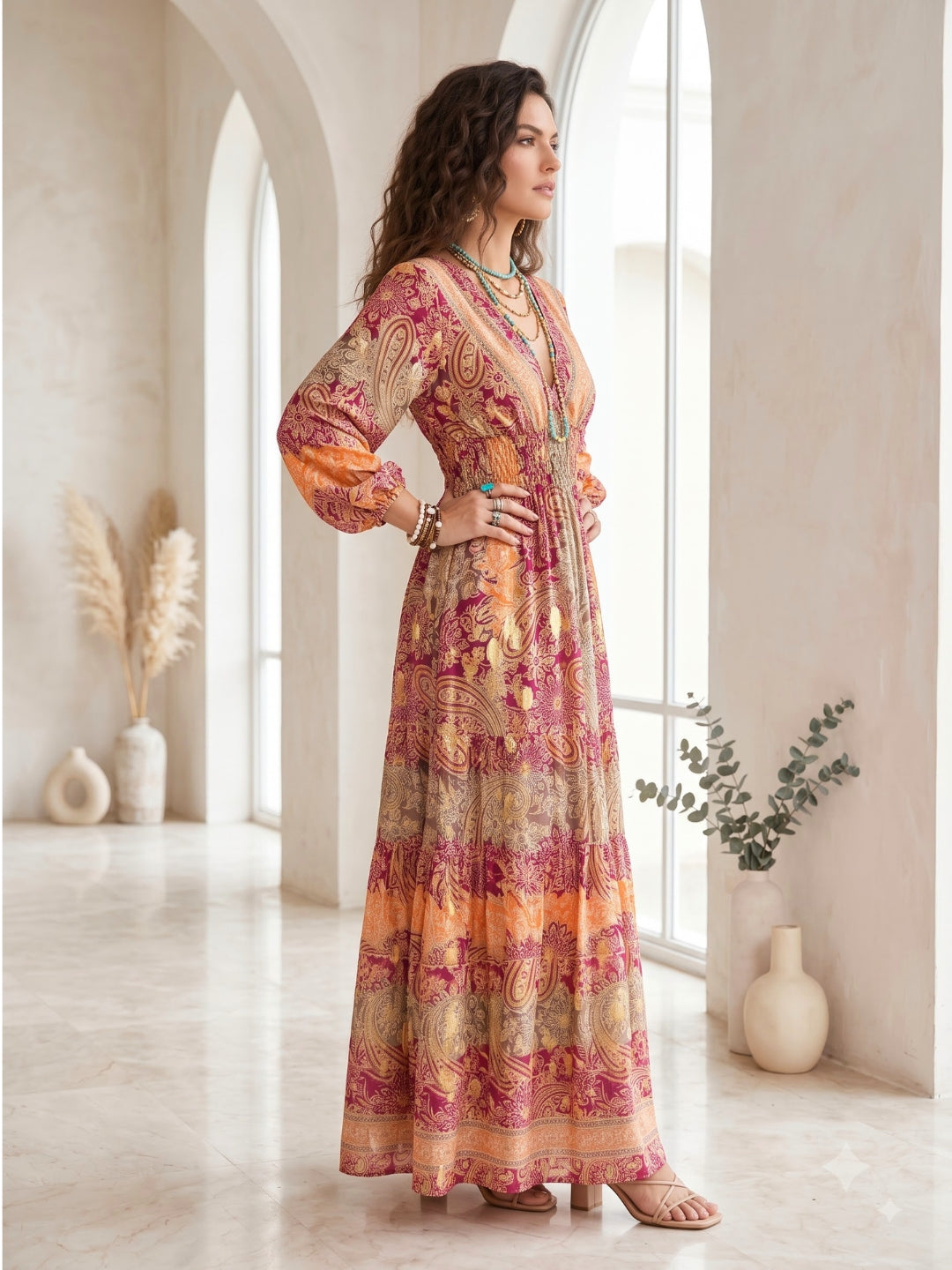 Evelina sangria sunset boho maxi dress