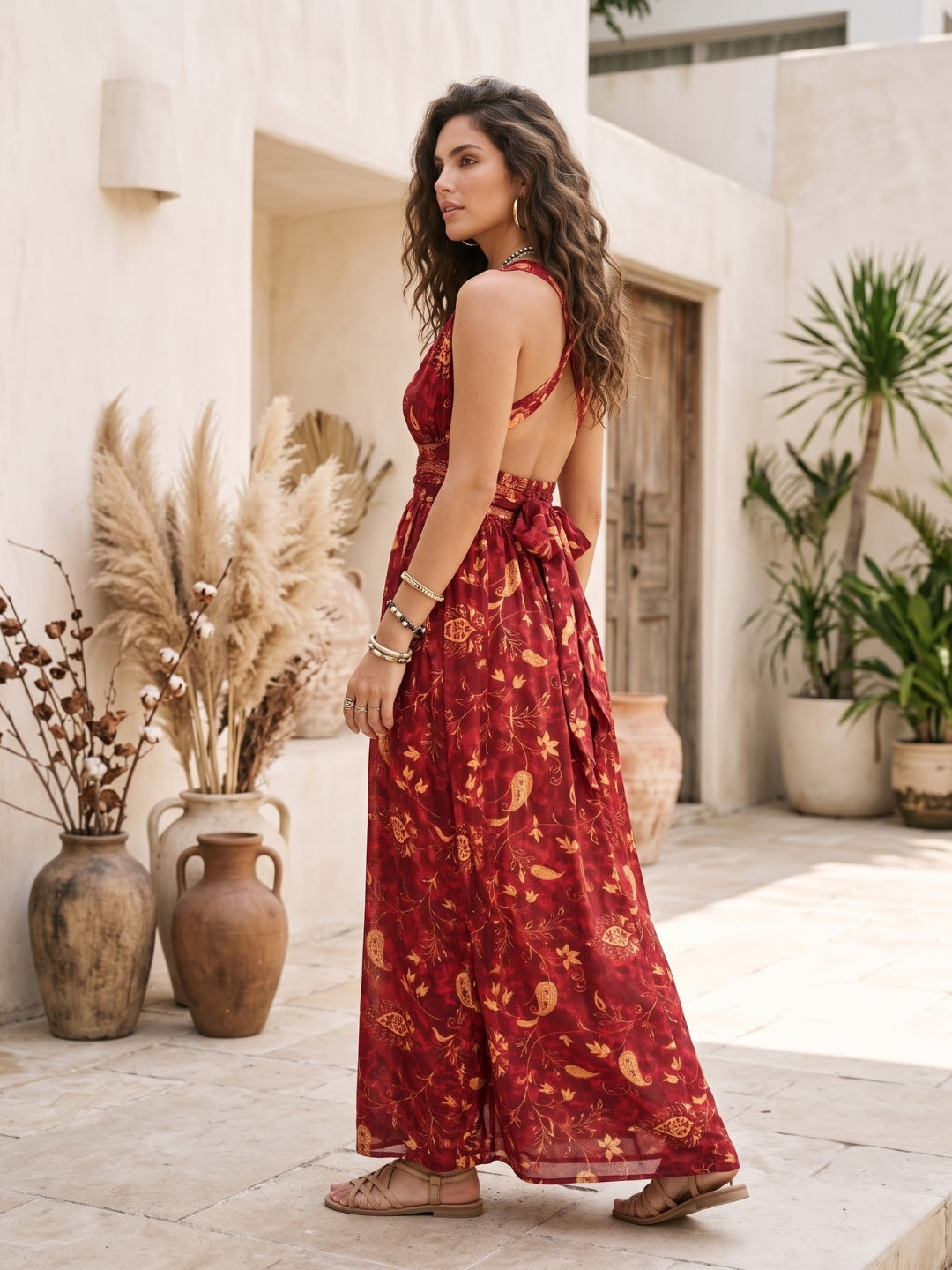 Cranberry crush halter boho maxi dress