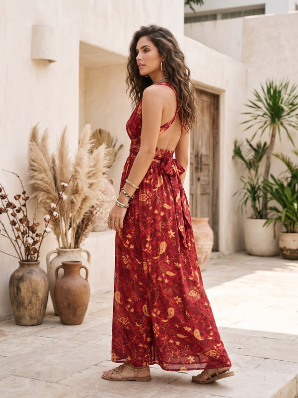 Cranberry crush halter boho maxi dress